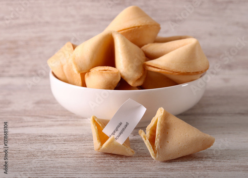 Fortune cookies, over wooden table