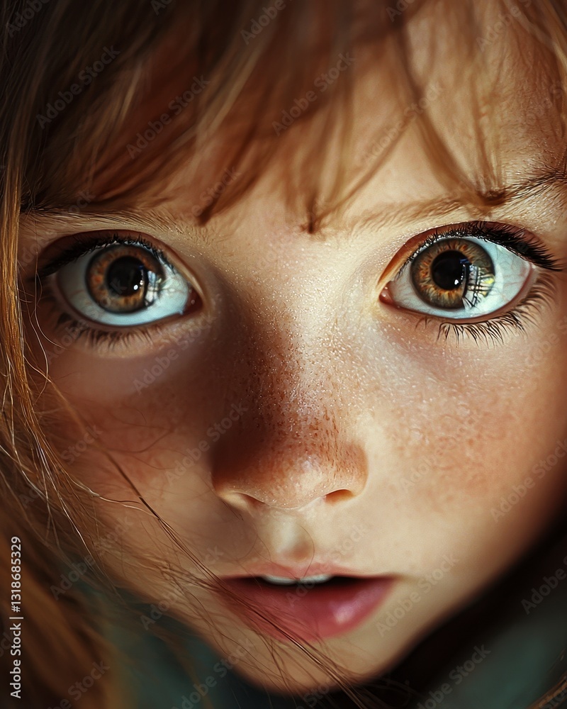 Fototapeta premium Curious Girl with Big Eyes Engagingly Gazing at the Viewer, Captivating Expression, Intriguing Atmosphere, Enchanting Details