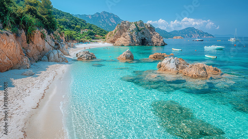 Idyllic Mediterranean beach with crystal-clear turquoise waters, white sand, and scenic rock formations