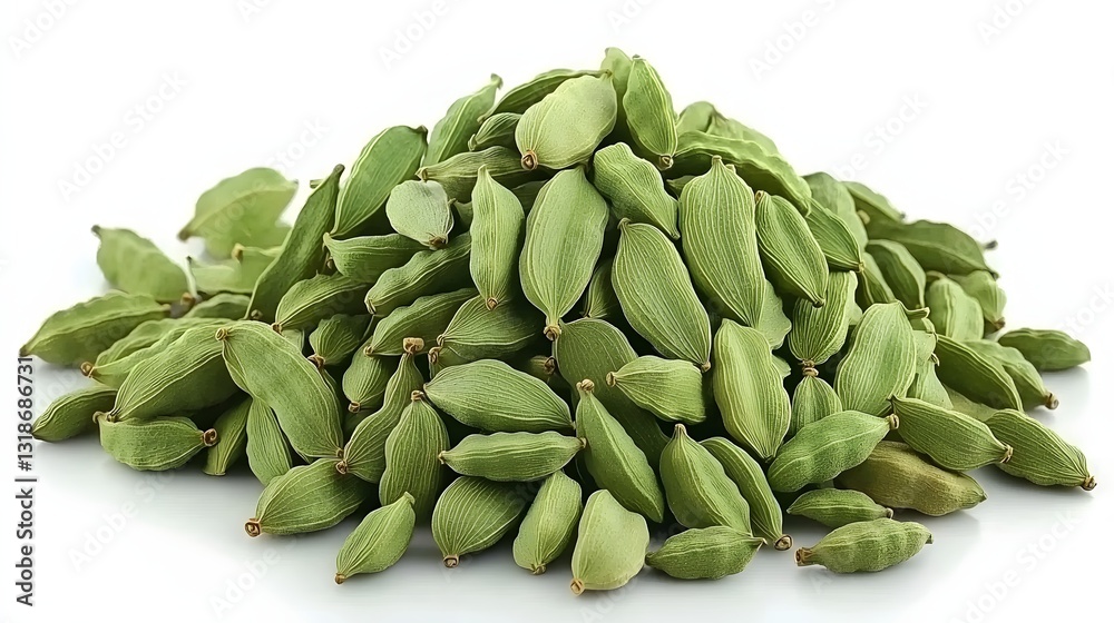 Heap of Fresh Green Cardamom Pods on a White Background Ideal for Culinary Uses and Recipes Heap of Fresh Green Cardamom Pods on a White Background Ideal for Culinary Uses and Recipes