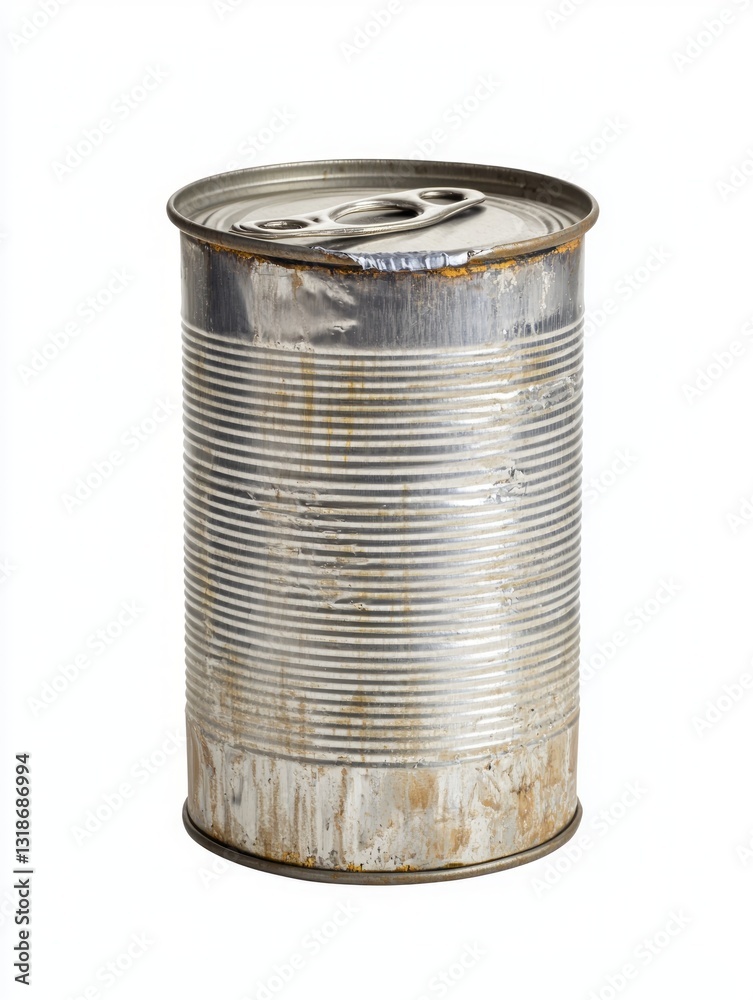 Single Dented Steel Food Can on White Background Single Dented Steel Food Can on White Background
