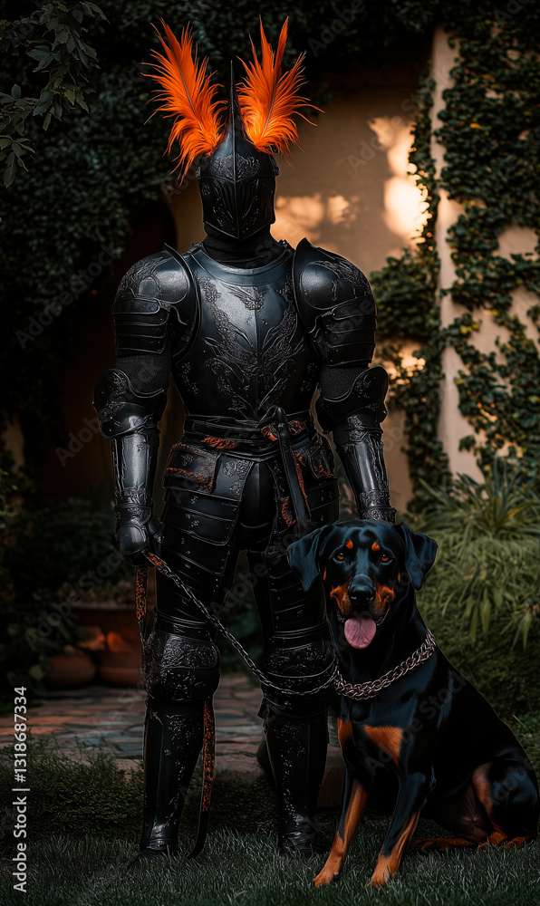 Naklejka premium Black Plate Armor, Orange Feathers, and Doberman Pinscher