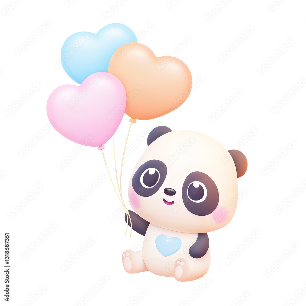 Fototapeta premium Birthday animal baby monthly Milestone concept, Cute panda character holding heart-shaped balloons against a transparent background.