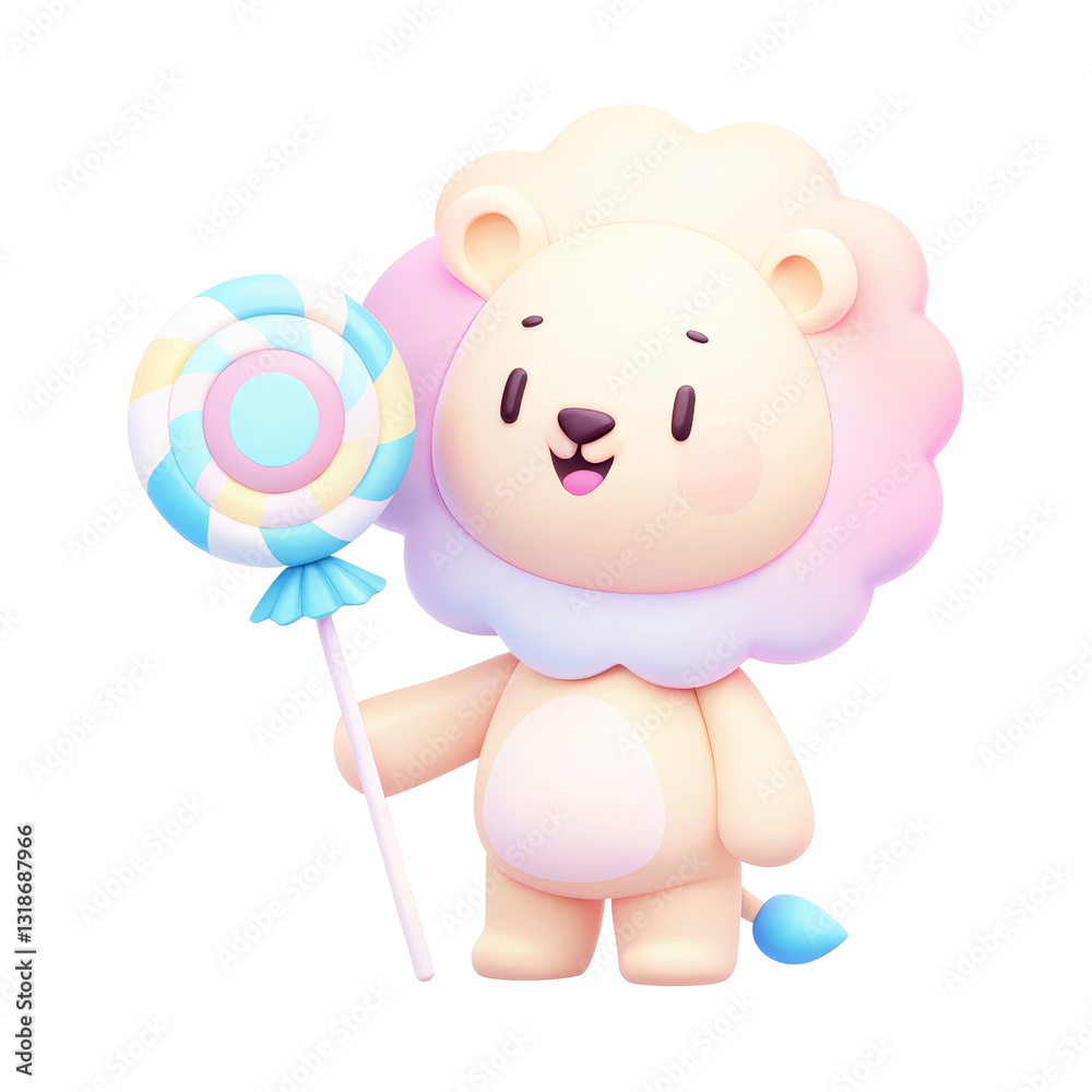 Fototapeta premium Birthday animal baby monthly Milestone concept, Cute cartoon lion character holding a colorful lollipop on a transparent background.