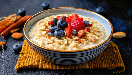 A fresh bowl of oatmeal topped with nuts and berries. photo