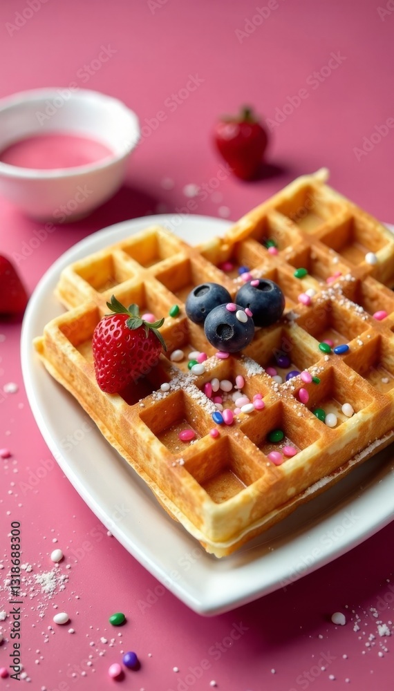 Fancy Waffles with Sprinkles and Confetti on Heart-Shaped Plate , Women's Day, Love Fancy Waffles with Sprinkles and Confetti on Heart-Shaped Plate , Women's Day, Love