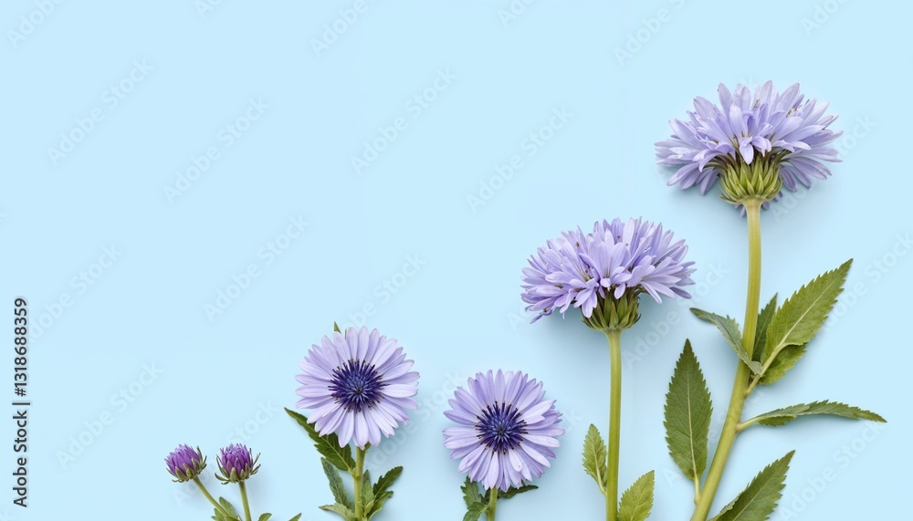 Lavender aster flowers on soft blue background, natural floral arrangement. Lavender aster flowers on soft blue background, natural floral arrangement.