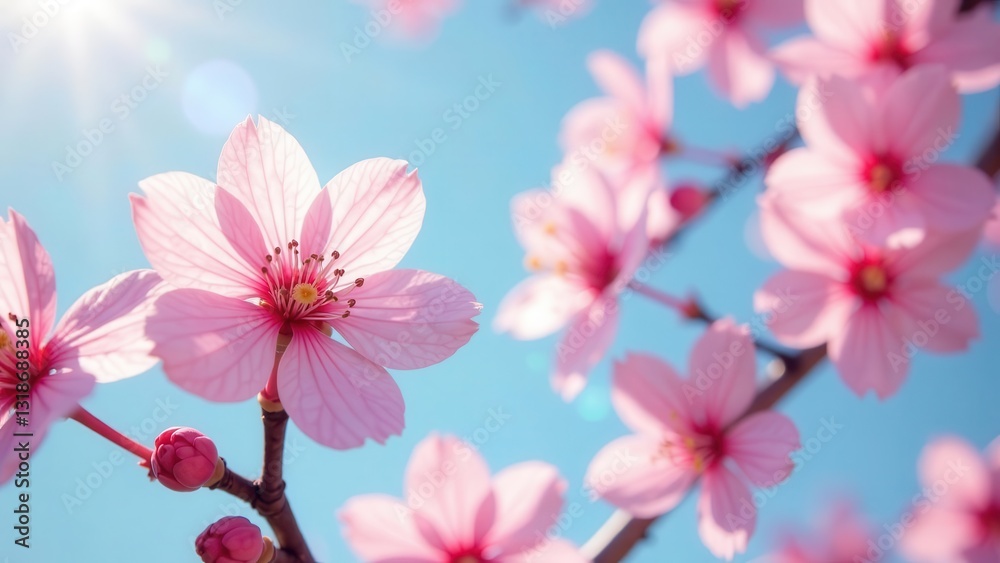 Obraz premium Delicate Pink Blossoms Bask in Sunlight's Embrace, a Stunning Display of Spring's Arrival