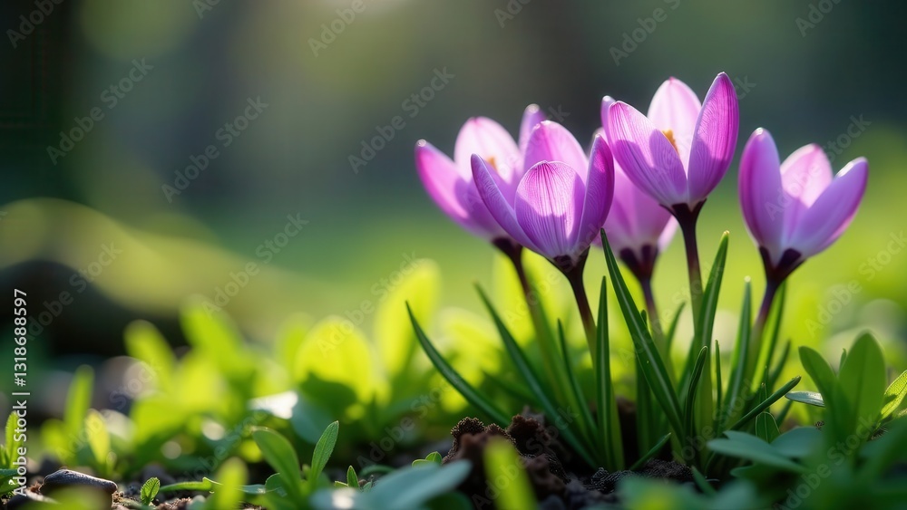 Fototapeta premium A cluster of delicate purple crocuses basking in the warm sunlight, nestled amongst vibrant green foliage, a picturesque scene of springtime renewal and natural beauty.