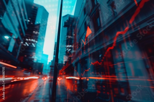 Double exposure effect, up arrows and stock market graphs on office buildings background