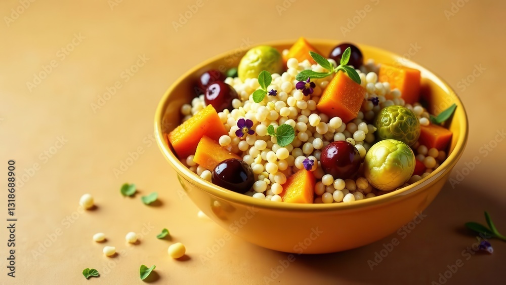 A vibrant autumnal couscous salad with roasted butternut squash, sweet cherries, and tender Brussels sprouts, garnished with edible flowers in a rustic bowl. A vibrant autumnal couscous salad with roasted butternut squash, sweet cherries, and tender Brussels sprouts, garnished with edible flowers in a rustic bowl.