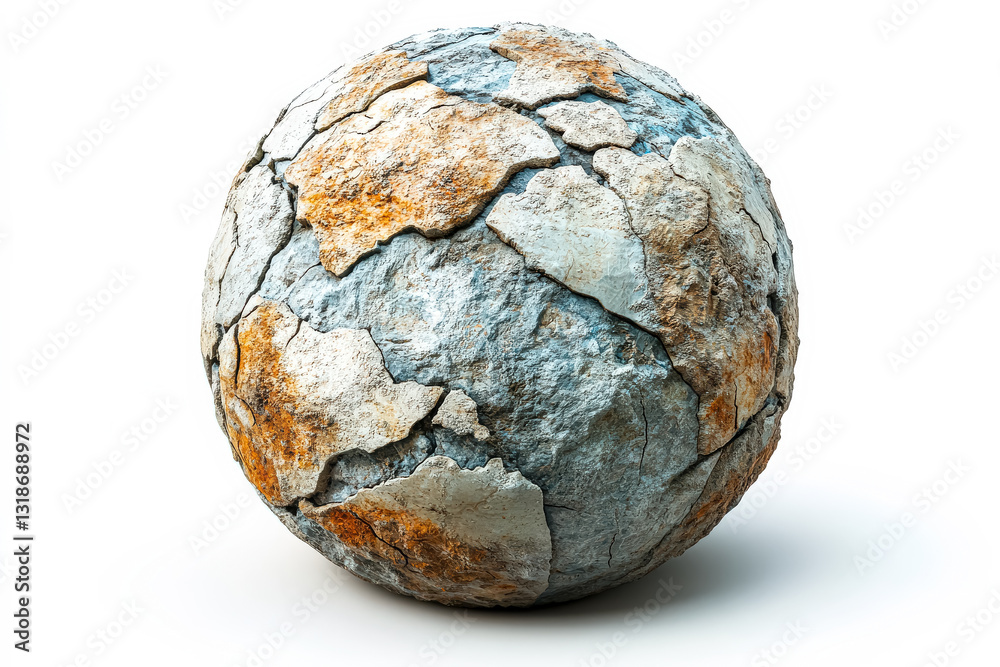 Large, cracked, and weathered stone ball sits on a white background. The texture of the stone is rough and uneven, giving it a sense of age and history Large, cracked, and weathered stone ball sits on a white background. The texture of the stone is rough and uneven, giving it a sense of age and history