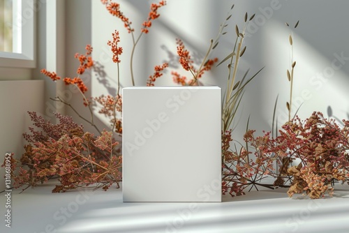 Blank mockup of a white box on a light background and dried flowers