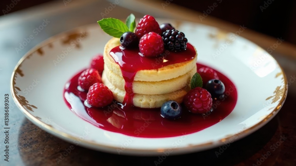 Delicious Stack of Pancakes Topped with Fresh Berries and Red Sauce on Elegant Plate Delicious Stack of Pancakes Topped with Fresh Berries and Red Sauce on Elegant Plate