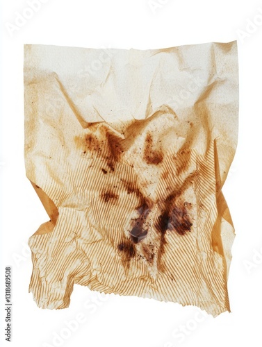 Crumpled Used Coffee Filter with Stains and Textures on Paper