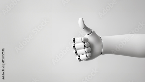 A white cyborg robotic hand making a like gesture, isolated on a gray background. AI robot hand giving thumb up. Copy space photo