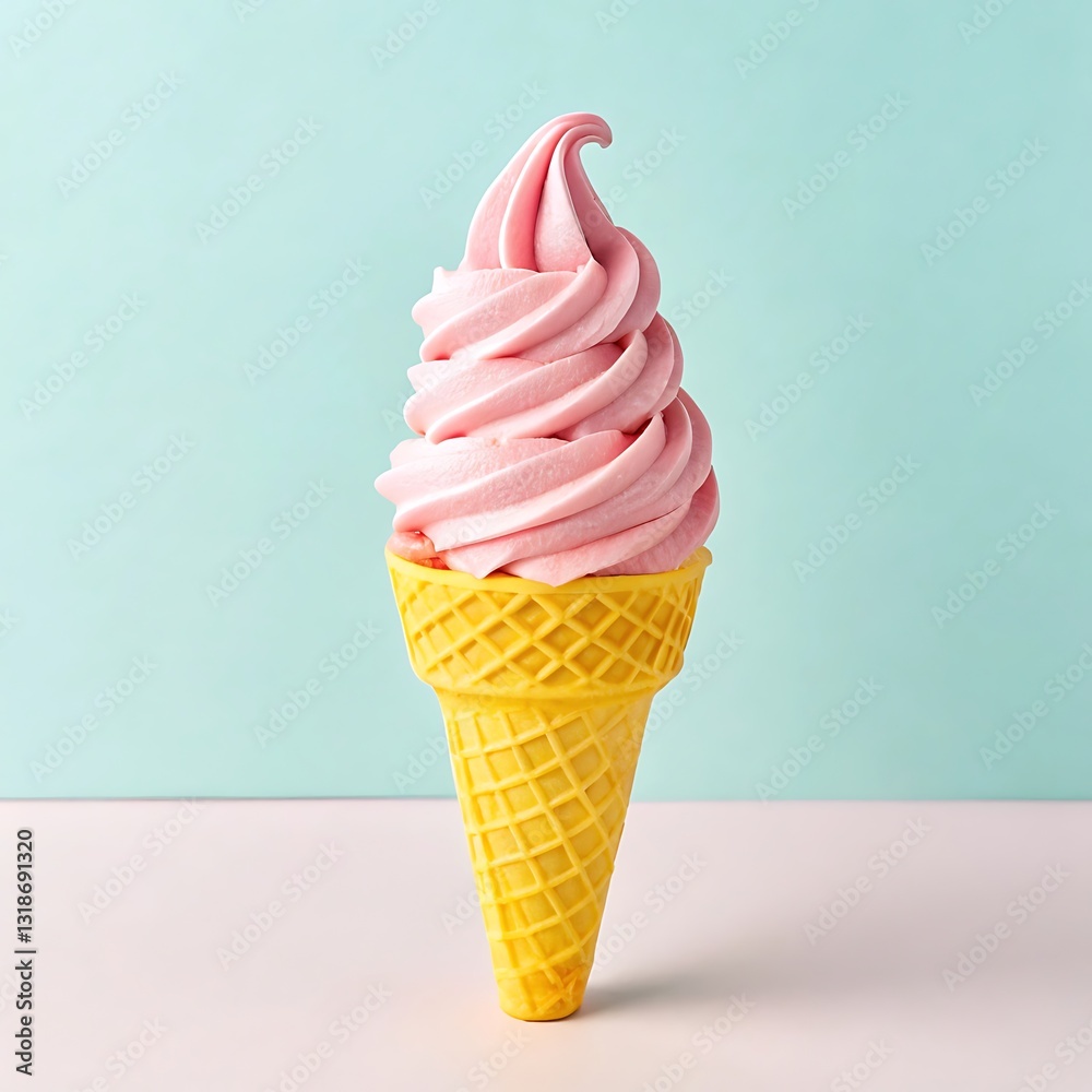 A Delightful Swirl Of Strawberry Soft Serve Nestled In A Crispy Waffle Cone Against A Pastel Blue Backdrop, A Sweet Summer Treat A Delightful Swirl Of Strawberry Soft Serve Nestled In A Crispy Waffle Cone Against A Pastel Blue Backdrop, A Sweet Summer Treat