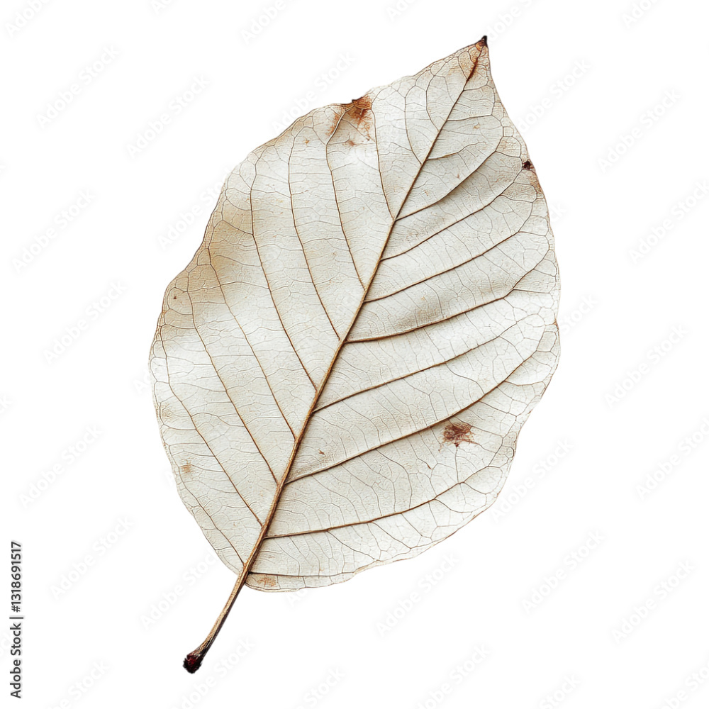 Obraz premium A delicate, bleached, skeletal leaf structure showing fine veins isolated on a solid transparent background for natural design texture.