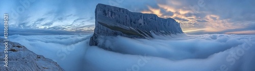 A breathtaking panoramic view of Mont Aiguille rising above the clouds in the French Alps.