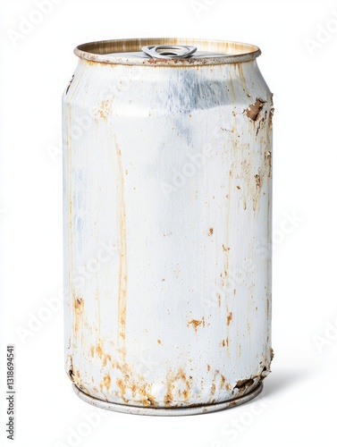 Single Battered Aluminum Can in Distressed Condition on White Background photo