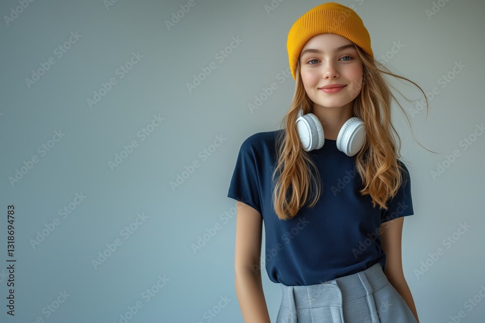 Smiling young woman with headphones, representing modern youth and lifestyle trends Smiling young woman with headphones, representing modern youth and lifestyle trends