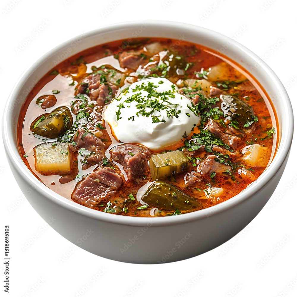 A Bowl of Russian Solyanka Soup with Smoked Meat Isolated on Transparent Background A Bowl of Russian Solyanka Soup with Smoked Meat Isolated on Transparent Background