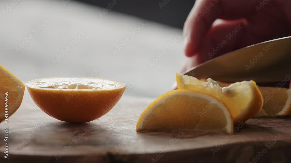 Slow motion man cut sweet lemon on olive board Slow motion man cut sweet lemon on olive board