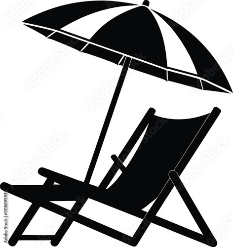 Beach Chair with Umbrella Silhouette, Beach Chair Vector, Summer Design