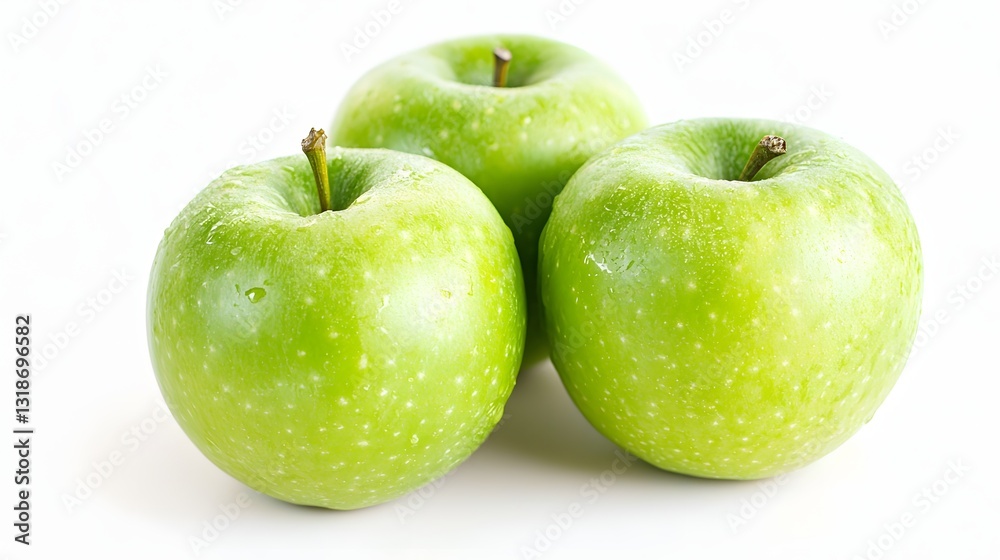 Three Fresh Green Apples with a Shiny Surface on a Clean White Background Three Fresh Green Apples with a Shiny Surface on a Clean White Background
