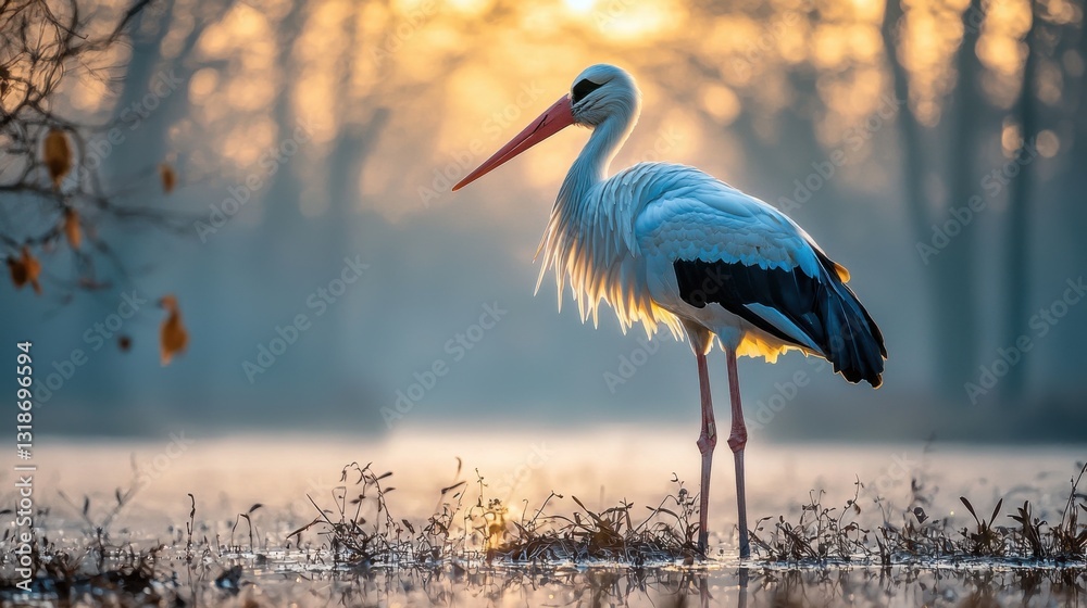 Obraz premium A white stork stands in the soft morning light of a misty marsh, exuding peace and tranquility.