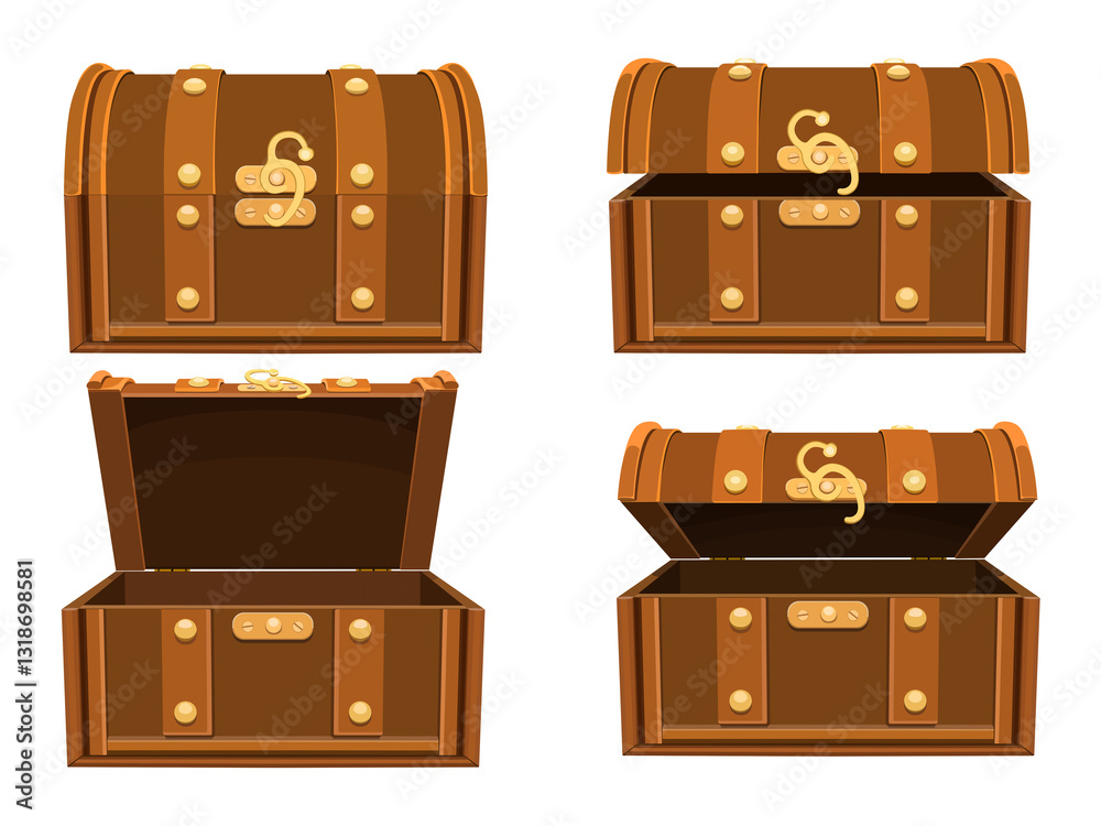 Set of chests with different lid positions, open, half open, closed, half closed, medieval cartoon chest with twist lock, pirate treasure, isolated icon, on a transparent background Set of chests with different lid positions, open, half open, closed, half closed, medieval cartoon chest with twist lock, pirate treasure, isolated icon, on a transparent background