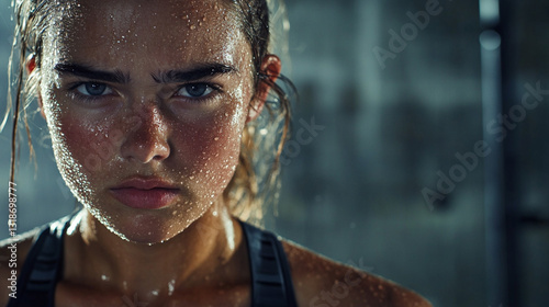 Girl in a sports top with beads of sweat on her face  intense workout