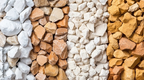 Four vertical stripes of white, light brown, off-white, and ochre rocks, Different colors and sizes of crushed stones arranged in stripes.