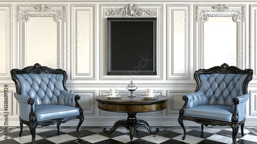 Elegant Blue Upholstered Chairs and Round Table in a Luxurious Classic Interior Room