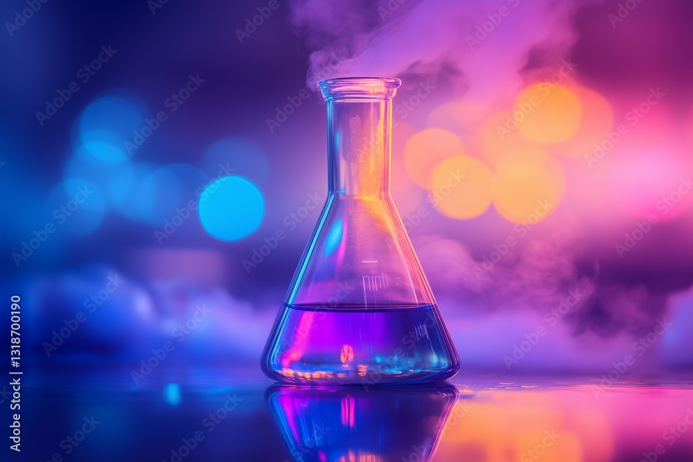 Transparent glass beakers with colorful liquids, surrounded by delicate glassware Transparent glass beakers with colorful liquids, surrounded by delicate glassware