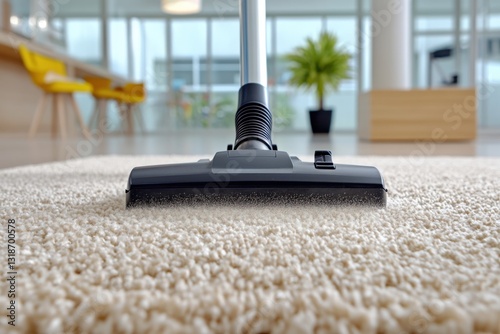 Vacuum cleaner on beige carpet, cleaning dust and dirt in bright room.