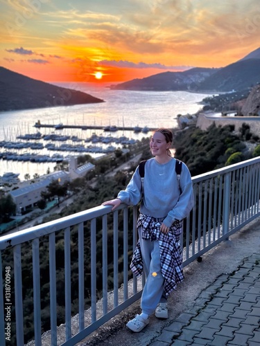 Coastal travel portrait of a woman by the sea, digital nomad and retreat vibe, blue water and island bay, summer vacation lifestyle, wellness slow travel and mindful escape, scenic background with cop