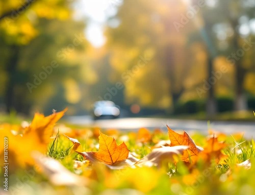 Autumn leaves on the grass with a blurred background of trees and a car on the road, warm sunlight, vibrant colors, nature scene.