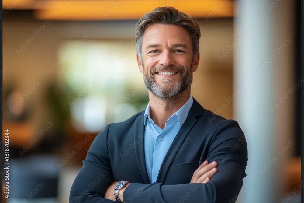 Man in a suit and tie is smiling and posing for a photo. He is wearing a watch and has his arms crossed. Concept of confidence and professionalism Man in a suit and tie is smiling and posing for a photo. He is wearing a watch and has his arms crossed. Concept of confidence and professionalism