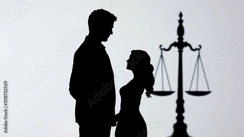 A Young Couple Stands Silhouetted, Their Future Uncertain, Cast Against The Shadow Of Justice Scales, A Poignant Image Of Impending Legal Decisions And Lifes Crossroads