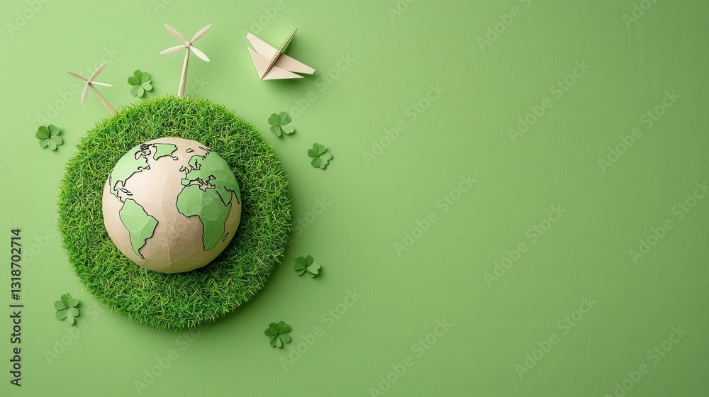Fototapeta premium A minimalist and eco friendly conceptual artwork featuring a grass covered globe with wind turbines and solar panels symbolizing renewable energy sustainability and environmental protection