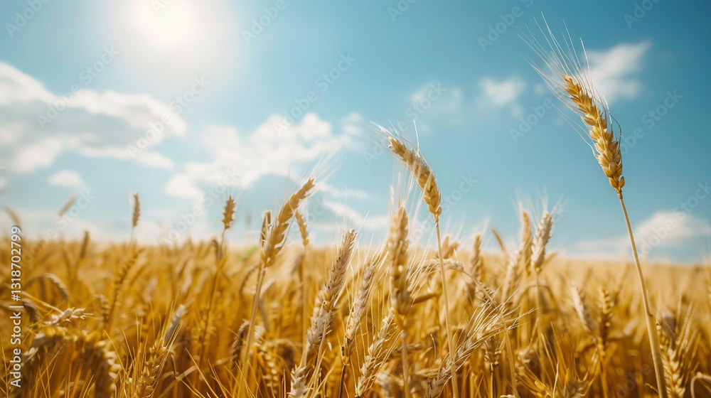 Fototapeta premium Sunlit Golden Wheat Fields Under a Clear Blue Sky, Tranquil Countryside