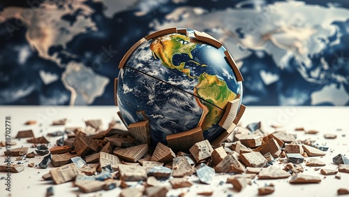 A Fragile Earth Shattering Into Pieces, Symbolizing Environmental Crisis And Global Instability, Shown With A Detailed Globe Model Against A World Map Backdrop