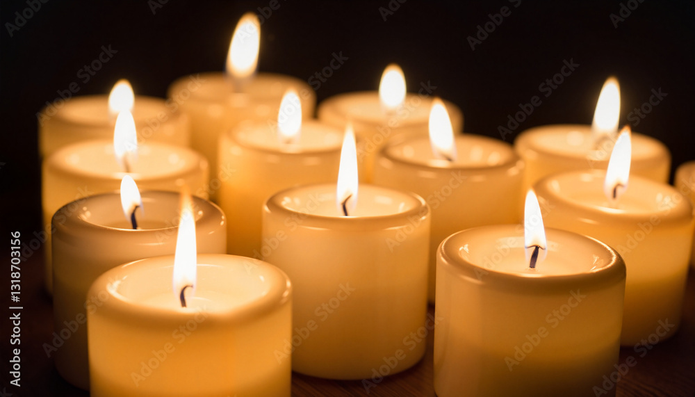 Burning white candles in dark setting, symbolizing peace and calmness Burning white candles in dark setting, symbolizing peace and calmness