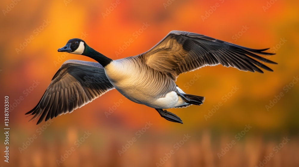 Canada goose autumn flight, vibrant foliage background. Nature, wildlife, autumn imagery