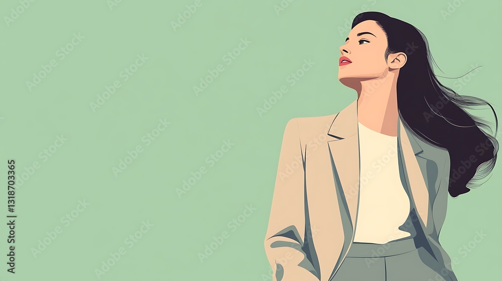 Woman in suit looks up confidently against green backdrop Woman in suit looks up confidently against green backdrop