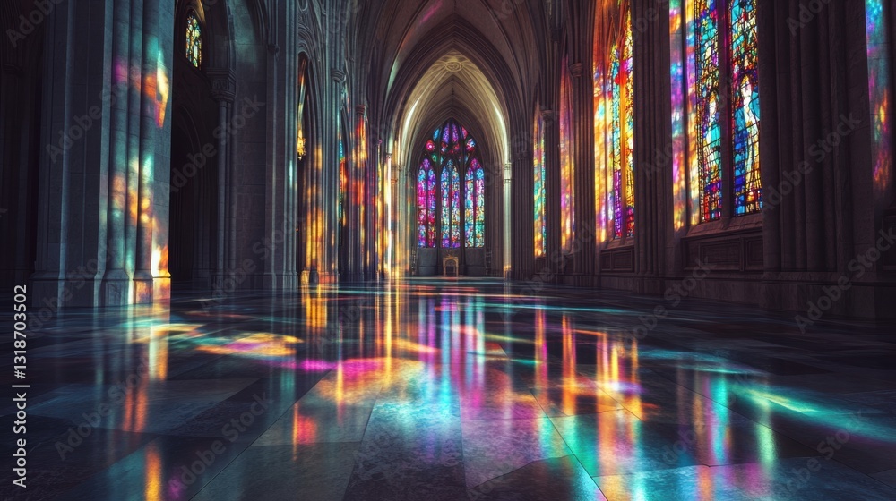Cathedral with stained glass windows and a long, narrow floor Cathedral with stained glass windows and a long, narrow floor