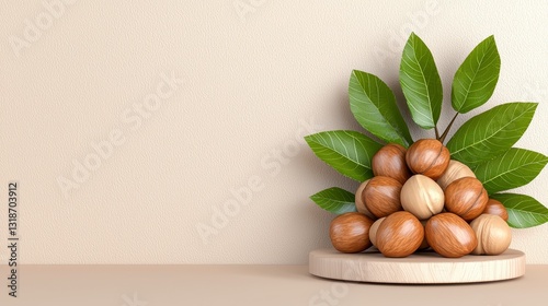 Macadamia Nuts with Green Leaves on Beige Background 3D Render