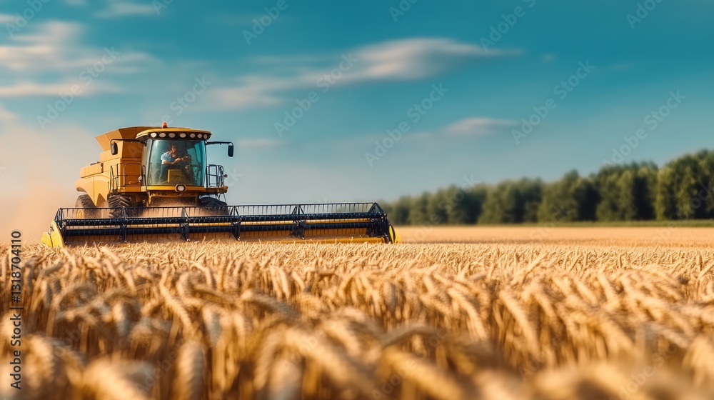 Fototapeta premium Yellow tractor is driving through a field of wheat. The sky is blue and the sun is shining