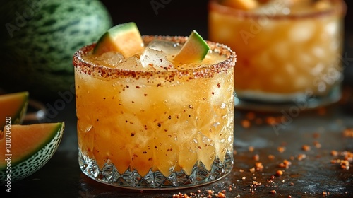 Refreshing Cantaloupe Margarita with a Chili-Salt Rim and Ice Cubes. Generative AI photo